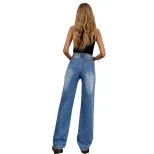 High Waisted Ripped Denim Trousers Loose Fit Floor Length Trendy Style Casual Wear for Women Who