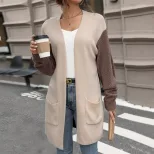 【佰分之衣】外贸2025新款欧美秋季女装跨境长袖拼色毛衣开衫外套