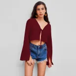 V Neck Tie Front T Shirt Sexy Design Burgundy Color Lightweight Fabric Spring Summer Casual Wear