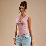 V Neck Sleeveless T Shirt for Women Slim Fit Textured Fabric Casual Summer Wear