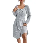 Womens Spring Summer Dress Square Neck Waist Tie Flared Skirt Long Sleeve Striped Fabric Casual