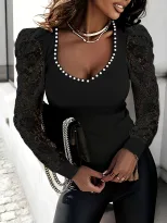 Black Beaded Womens T Shirt Slim Fit Lace Panel Long Sleeve Street Style Casual Wear Ready to Sh