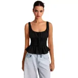 Sweet Ruffled Hem Drawstring Cami Top Square Neck Slim Fit Backless Flowy Design Casual Summer W