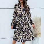 Navy Blue Long Sleeve Ruffled Floral Dress for Women Casual Autumn Wear Low MOQ factory direct