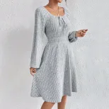 Womens Spring Summer Dress Square Neck Waist Tie Flared Skirt Long Sleeve Striped Fabric Casual