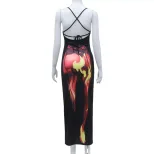 Flame Print Sexy Slip Dress Backless High Slit Sleeveless Summer Party Wear Wholesale Available