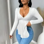 Womens Long Sleeve V Neck T Shirt Sexy Backless Design Slim Fit Elegant Style Spring Summer Coll