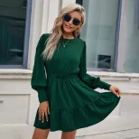 Elegant Round Neck Long Sleeve Dress Summer Style Mid Waist Solid Color Perfect for Casual Outin