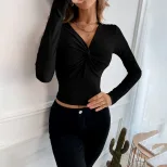 Womens Spring Summer V Neck Slim Fit Short Knit Long Sleeve Top Versatile Winter Essential Ready