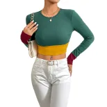 Womens Color Block Long Sleeve T Shirt Slim Fit Round Neck Stylish Design Autumn Winter Fashion
