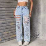 High Waisted Flare Jeans Ripped Design Stretch Fabric Casual Style Womens Fashion for Spring and