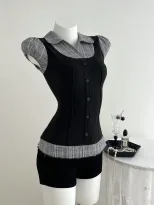 Color Block Plaid Short Sleeve T Shirt Slim Fit Waist Cinching Design Casual Style Ready to Ship