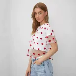 Color Block Heart Mesh Panel T Shirt for Women Short Sleeve Y2K Style Cotton Fabric Summer Casua