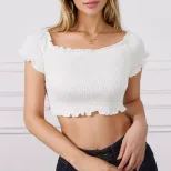 Womens Short Sleeve Ruched Top Off Shoulder Slim Fit Bust Enhancing Design Casual Wear for Summe