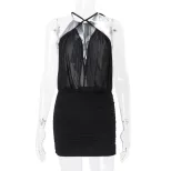 Spring Womens Dress Fashionable Sexy Halter Neck Sheer Mesh Bodycon Ruched Design Evening Wear W