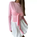 Womens Sweet and Sexy Knot Front T Shirt Slim Fit Long Sleeve Spring Summer Pink Top Wholesale A