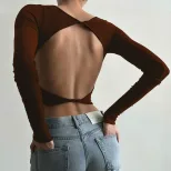 Womens Long Sleeve Crop Top Sexy Backless Design Solid Color Slim Fit Stylish Winter Fashion Who