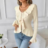Elegant Womens T Shirt Fitted Bell Sleeves Ruffle Hem Solid Color Spring Fall Fashion Wholesale