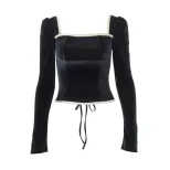 French Style Womens Dress Square Neck Backless Slim Fit Lace Trim Long Sleeve Elegant Evening We