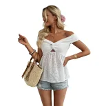 French Style Casual Twist Knot Hollow Out Top Waist Defined Off Shoulder Lightweight Fabric Perf