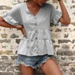 Casual Loose V Neck T Shirt Ruffle Sleeve Solid Color Trendy Style Perfect for Vacation Wear Who