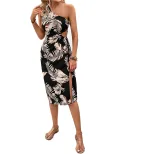 Summer Floral Midi Dress Asymmetrical Neckline Bodycon Fit Vacation Style Wholesale Available