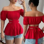 Off Shoulder Crop Top Hollow Out Design Sexy Style Summer Wear Wholesale Womens Fashion Apparel