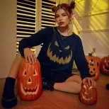 Halloween Printed Long Sleeve Sweatshirt Loose Fit Trendy Design Comfortable Fabric Womens Fashi