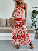 Bohemian Maxi Dress for Women Floral Print Adjustable Straps Lightweight Fabric Summer Casual We