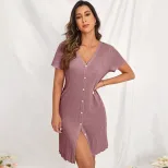 V Neck Short Sleeve Loose Fit Nightgown Comfortable Fabric Casual Style Elegant Design Perfect f