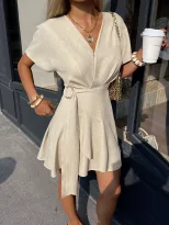 V Neck A Line Dress Soft European and American Style Waist Defining Asymmetrical Hem Unique Desi