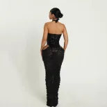 Fashionable Sequin Panelled Bodycon Dress Sheer Mesh Ruffled Design Elegant Style Perfect for Au