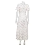 Floral Print Maxi Dress French Style Round Neck Puff Sleeves Backless High Slit Summer Casual We