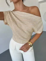 Summer Striped Short Sleeve Top One Shoulder Design Fitted Waist Versatile Knit Casual Office We