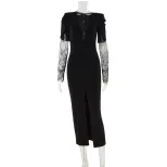 Elegant V Neck Lace Panel Bodycon Dress Chic Split Design Luxurious Feel Perfect for Autumn and