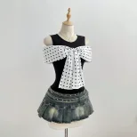 A2现货-75003#亚马逊跨境欧美波点蝴蝶结绑带紧身夏季女装短袖T恤