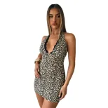 Leopard Print Backless Tie Back Dress Summer Fashion V Neck Slim Fit Perfect for Parties and Nig