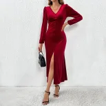 Elegant Velvet Bodycon Dress Deep V Neck Waist Cinching Side Slit Perfect for Parties and Specia