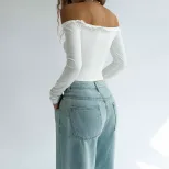Off Shoulder T Shirt Sexy Slim Fit Short Length Spring Summer Style Womens Casual Wear Wholesale
