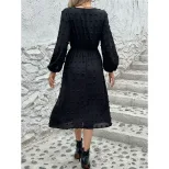 French V Neck Long Sleeve Dress Stylish Pom Detail Chic Casual Wear for Women Ready to Ship OEM