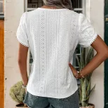 Casual Lace Trim V Neck Blouse Elegant Hollow Out Design Stylish Everyday Wear Wholesale Availab