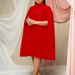 Plus Size Batwing Sleeve Dress Fashionable Loose Fit Pleated Design Elegant Style Spring Collect