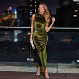 Sleeveless Velvet Bodycon Maxi Dress Stylish Side Slit Elegant Fit Trendy Design Perfect for Par