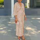 Plus Size Womens Long Dress Loose Fit V Neck Fashionable Sequins Side Slit Autumn Collection Who