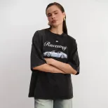 Loose Fit European Style Car Print Short Sleeve T Shirt for Women Summer Wash Effect Vintage Des
