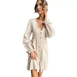 Slim Fit Cardigan Dress Ruffle Trim Long Sleeve Solid Color Casual Wear Suitable for Spring and