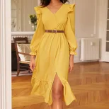 Elegant V Neck Backless Maxi Dress Waist Defining High Slit Slim Fit Perfect for Evening Events