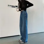 速卖通口袋撞色牛仔裤女2023春秋新款百搭宽松显瘦百搭直筒长裤潮