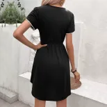 Womens Black T Shirt Dress Sweet and Simple Design Round Neck Lace Trim Short Sleeves Casual Wea