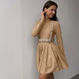 Knit Dress Round Neck Waist Defined Pleated Design Casual Chic for Everyday Wear Wholesale Avail